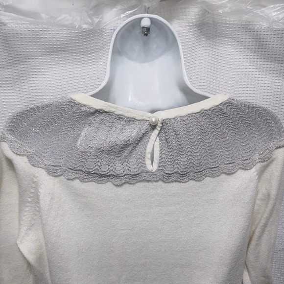 ROMANTIC Vintage Inspired Ivory SWEATER w Silver Metallic Mesh Collar Pearl L - Picture 8 of 10